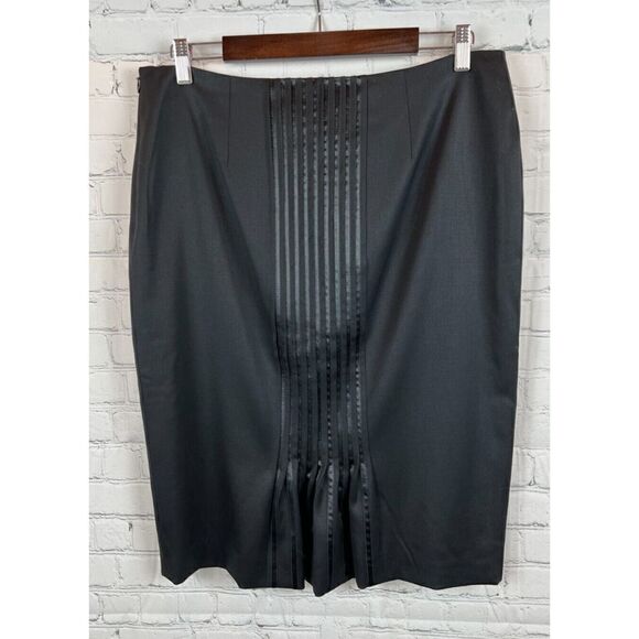 ESCADA black wool elastane satin trim pencil straight classic skirt size 42 (12) - Picture 4 of 8